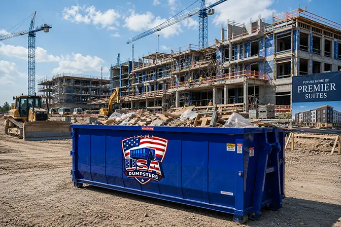 comercial dumpster at a commercial construction site for a appartment building