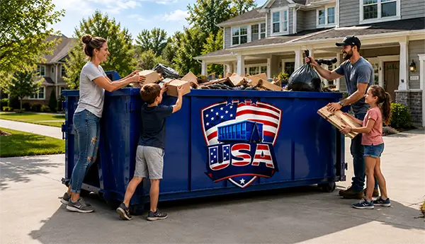 family happy and making family memories while cleanning up their lives with a dumpster from USA dumpster Services